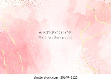 Pastel rose pink liquid watercolor background with golden cracks. Blush marble alcohol ink drawing effect. Vector illustration design template for wedding invitation, menu, rsvp.