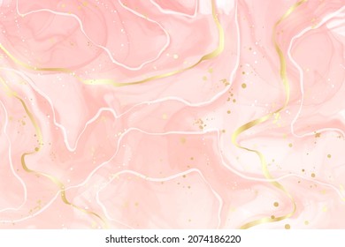 Pastel rose pink liquid watercolor background with golden cracks. Blush marble alcohol ink drawing effect. Vector illustration design template for wedding invitation, menu, rsvp.