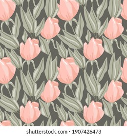 Pastel rose seamless pattern. Hand drawn elegance boho botanical khaki background, flowers and leaves soft colors, modern vector decor textile, wrapping paper, wallpaper. Floral texture print fabric