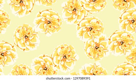 Pastel Roses or Peony, Floral Seamless Pattern. Watercolor Flowers in Vintage Style. Wedding Print in Pastel Color Design. Rustic Texture, Decoration, Card Invitation. Yellow and Orange Pastel Print.