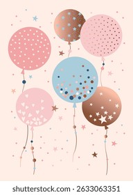 Pastel round balloons with stars hearts and confetti on beige background