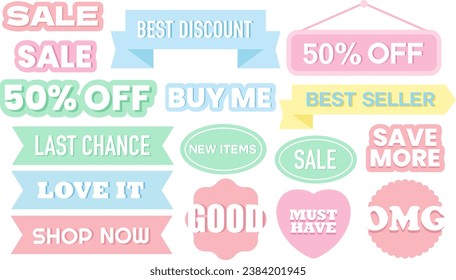 Pastel sale tags including best discount, save more, last chance, love it, must have, shop now, new item, 50% off for icon, sticker, label, discount sign, symbol, print, ads, campaign logo, banner.