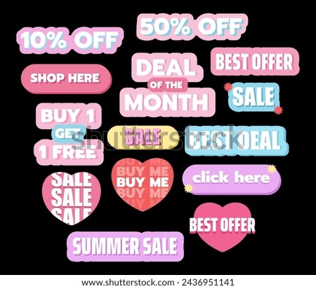 Pastel sale tags including Best Offer, Deal of the Month, Best Deal, Click Here, Summer Sale, Buy 1 Get 1 Free, 50% off, Shop Here for sticker, button, social media post, print, banner, campaign, ads