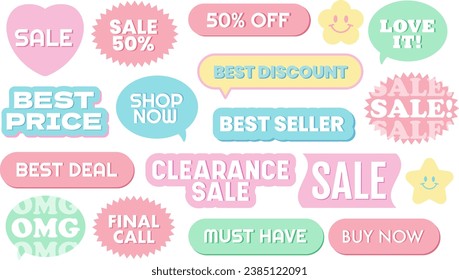 Pastel sale tags including clearance sale, shop now, best discount, final call, best price, sale 50% for shopping icon, sticker, label, discount sign, symbol, print, ads, campaign logo, banner