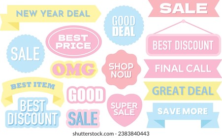 Pastel sale tags including New Year Deal, Best Price, Shop Now, Final Call, Great Deal, Save More, Best Item, OMG for icon, sticker, label, discount sign, symbol, print, ads, campaign logo, banner.