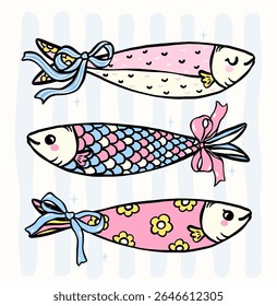 pastel sardines with bows in cute coquette fisherman style whimsical hand drawn doodle set for t shirt sublimation, stickers and wall art