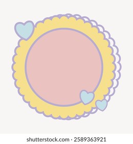 Pastel scalloped circle with heart accents. Soft pink, yellow, and blue colors. Decorative scalloped design with hearts. Ideal for crafts and invitations. Frame vector with copy space.