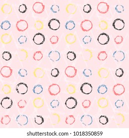 Pastel scandinavian seamless pattern with grunge colorful circles on tender pink background. Vector chalk scribble girlish polka dot texture for textile, wrapping paper, cover, surface, wallpaper