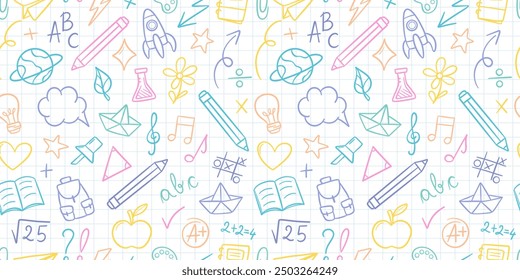 Pastel school banner, vector repeat backgorund with school supply doodles, white