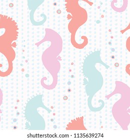 Pastel Seahorse Silhouette, Seamless Vector Pattern, Hand Drawn Animal Illustration for Summer Scrapbooking, Gift Wrap, Kids Fashion Prints, Beach Apparel, Cute Stationery & Baby Nursery Backdrops