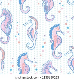 Pastel Seahorses Drawing, Seamless Vector Pattern, Animal Illustration for Summer Scrapbooking, Ocean Gift Wrap, Kids Fashion Prints, Beach Apparel, Cute Hand Drawn Stationery & Baby Nursery Backdrops