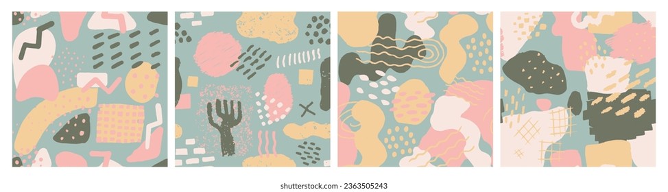 Pastel Seamless Abstract Trendy Shape Wrapping. Green Repetitive Summer Modern Fabrics, Seamless Scribble. Dark Seamless Decoration Hand Drawn Ornament Silhouette