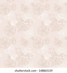 pastel seamless background with flowers and birds