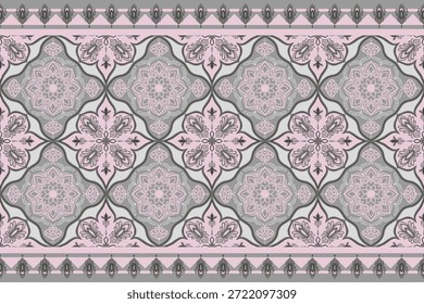 Patrón de borde pastel sin fisuras con Elementos de mandala florales ornamentales en tonos rosados y grises suaves. Ideal para bordes textiles, estampado de telas, Fondo de pantalla, decoración de interiores y diseño de superficies.