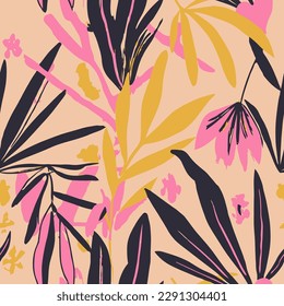 Pastel Seamless Contemporary Spring Artwork Texture. Orange Repetitive Doodle Plant Element, Seamless Backdrop. Hippie Continuous Elegant Tropic Leaves Print. 