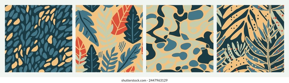 Pastel Seamless Doodle Bloom Template Set. White Endless Abstract Isolated Ornament, Seamless Vector. Dark Repetitive Summer Tropic Paint Pattern. 