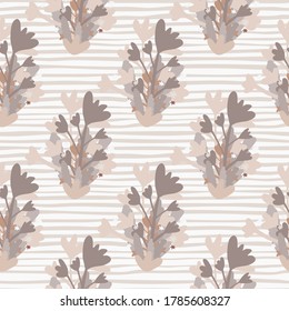 Pastel seamless doodle pattern with flowers silhouettes. Stripped background and botanic elements on purple and lilac tones. For wrapping paper, textile, fabric and wallpaper. Vector illustration.