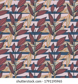 Pastel seamless doodle pattern with foliage outline shapes. Red and orange floral outline ornament on blue stripped background. For wallpaper, wrapping paper, textile print, fabric. Vector