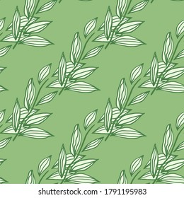 Pega un patrón de doodle sin fisuras con formas de follaje. Ornamento floral blanco sobre fondo verde claro. Diseñado para papel pintado, textil, papel envolvente, impresión de tela. Vector