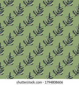 Pastel seamless doodle pattern with little foliage branch shapes. Light green background. Decorative backdrop for wallpaper, textile, wrapping paper, fabric print. Vector illustration.