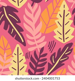 Pastel Seamless Fashion Branch Leaves Vector. Vibrant Continuous Contemporary Flora Lines, Seamless Art. Hippie Repeated Creative Organic Quill Design. 
