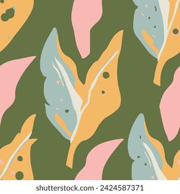 Pastel Seamless Fashion Decorative Textile Vector. Green Repetitive Elegant Foliage Leaves, Seamless Design. Vibrant Repeated Decoration Branch Style Texture. 