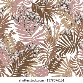 pastel seamless floral abstract pattern. pattern with silhouettes of tropical leaves mixed with polka dot pattern and gold lines