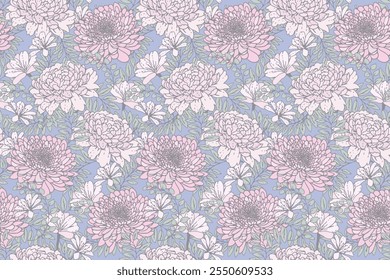 Patrón floral transparente pastel. Floración mezclada con hierbas, hojas y plantas de prado. Impresión de fondo de flores de verano o primavera. Vector dibujado ilustración. Ornamento de la Naturaleza para los diseños, tela, textiles