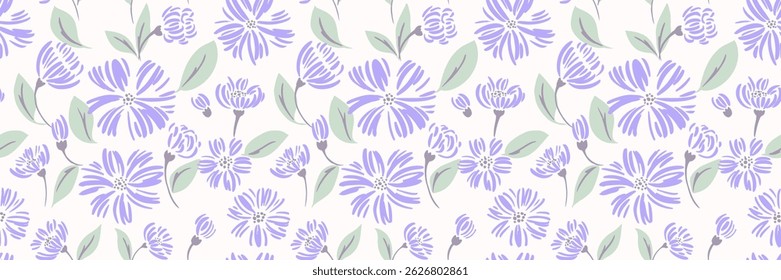 Pastel padrão floral sem emenda com flores violeta desenhadas à mão com folhas em um fundo branco e claro. Design de impressão simples para têxteis, papéis de parede com uma delicada, mola de inspiração estética.