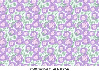 Pastel seamless floral pattern with hand painted purple, violet roses and leaves on a light background. Vector artistic brushstroke style, ideal for fabric, wallpaper, wrapping paper, decor