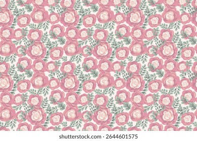 Pastellnahtloses Blumenmuster mit handgemalten weichen Rosen und gedeckten grünen Blättern auf hellem Hintergrund. Vektorgrafik-Pinselstrich-Stil, ideal für Stoff, Tapete, Umhüllungspapier, Dekor