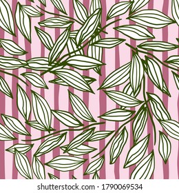 Pastel seamless herbal pattern with foliage abstract figures. Pink stripped background with green contoured leaves. Perfect for wallpaper, wrapping paper, textile print, fabric. Vector illustration.