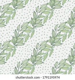 Pastel seamless herbal pattern with outline foliage abstract figures. White dotted background with green contoured leaves.For wallpaper, textile, wrapping paper, fabric print. Vector illustration.