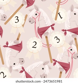 Pastel seamless hobbyhorsing pattern of toy horse heads for racing