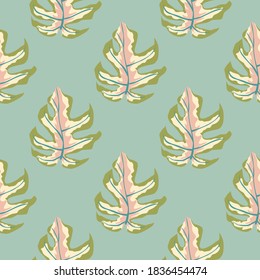 Pastellfarbene, nahtlose Monstera-Blätter Muster. Abstrakte, tropische Blattsilhouetten in Rosa und Grün. Blauer Hintergrund. Hintergrund für Stoffdesign, Stoffdruck, Umhüllung, Abdeckung. Vektorgrafik