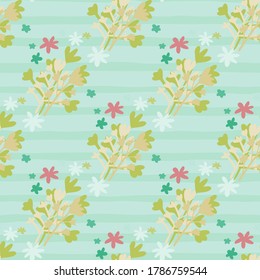 Pastel seamless naive pattern with abstract floral ornament. Blue stripped background. Little pink daisy flowers. Vector illustration for textiles, wallpaper, surface design, card, invitations.