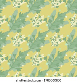 Pastel seamless naive pattern with branches and abstract floral silhouettes. Yellow background, light green elements. Great for wrapping paper, textile, fabric print and wallpaper. Vector illustration