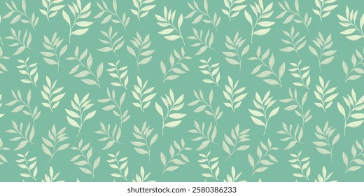 Pastel seamless  pattern with abstract artistic tiny branches leaves on a mint green background. Stylized small leaf stems print. Vector drawing illustration. Nature ornament for textile, fabri