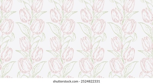 Pastel padrão sem emenda com tulipas de flores abstratas e folhas Vetor desenho contorno silhuetas, linha, contornos impressão floral. Ornamento de natureza lisa para desenhos, têxteis, tampa, tecido