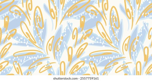 Pastel seamless pattern with abstract swirling shapes in soft blue tones. Unique organic shapes, flowing lines, and dynamic composition print. Perfect design for fabric, wrapping paper,