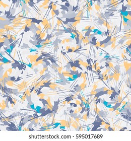 Pastel seamless pattern with abstract unusual geometric shapes on light gray background. 