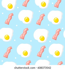Pastel seamless pattern with bacon and scrambled eggs. Ornament for textile and wrapping. Vector background.