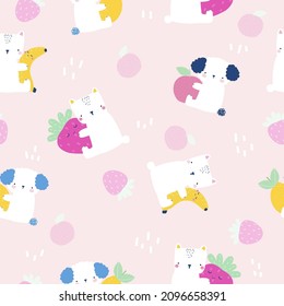 Pastel seamless pattern with bear and dog with fruits. Kids cute print. Vector hand drawn illustration.