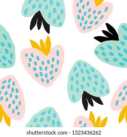 Pastel seamless pattern with berries. abstract hand drawn strawberries on white background. Vector illustration, backdrop, wallpaper template for cards, banners, print fabric, t-shirt, textile.