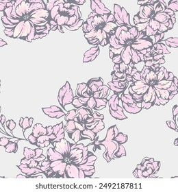 Pastel seamless pattern with blooming stylized in a many kinds wild flowers. Abstract artistic floral stems printing on a light background. Vector hand drawing illustration. Design for fabric, 