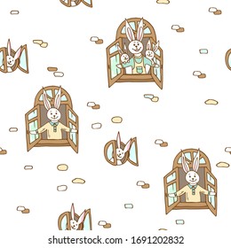 Pastel seamless pattern with bunny, rabbit  and opened window. Endless texture with hand drawn animal character on white background for children, kids, wallpaper decor. 