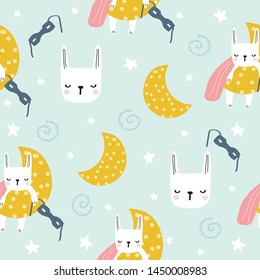 Pastel seamless pattern with bunny superhero sleeping on the moon. Trendy kids print. Vector hand drawn illustration.