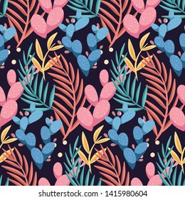Pastel seamless pattern with cactus and leaves on dark background