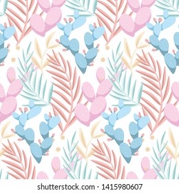Pastel seamless pattern with cactus and leaves