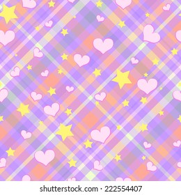 Pastel seamless pattern with colorful diagonal stripes, cells, hearts and stars